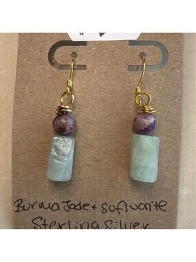Burma Jade & Sufluorite Wire Wrapped Earrings, Gold Over Sterling Silver, Flower